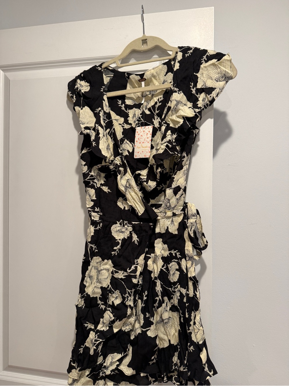 Free People Black Floral Wrap Dress with Cream Blooms